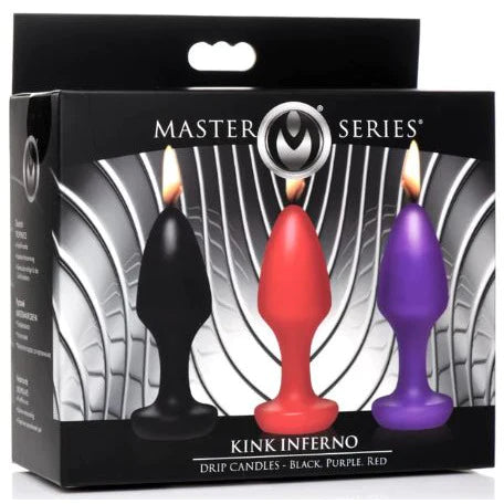 a black and grey box depicting three anal plug shaped candles