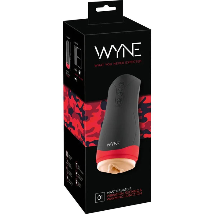 black and red packaging with the beige masturbator with a vaginal opening and a black hard shell on the front 