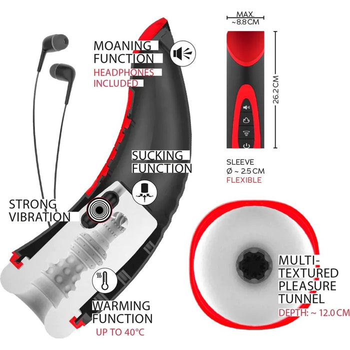 Image shows the internal structure of the clear masturbator as well as It's size dimensions as well as product information 