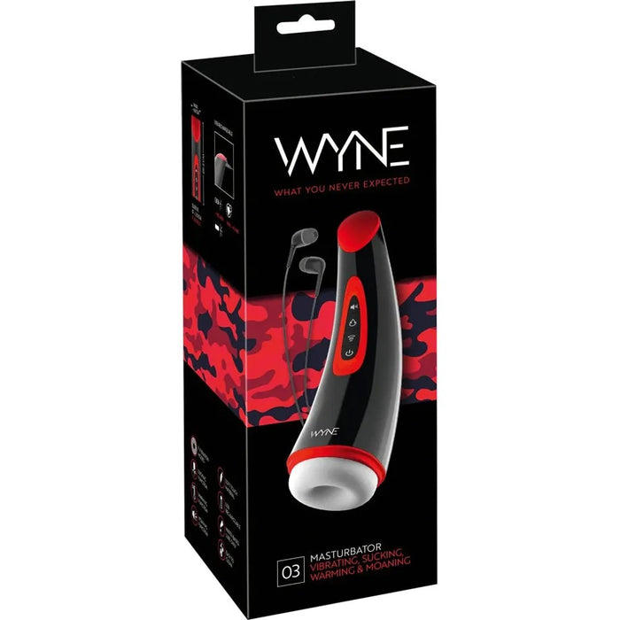 Black and red packaging with a curved banana shaped male masturbator on the front. The clear masturbator has a black and red shell and three buttons 