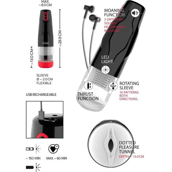 Image shows the vaginal opening of the clear masturbator as well as the size dimensions and the product information 