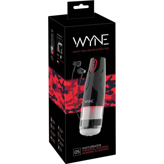black and red packaging the masturbator on the front. The clear masturbator has a black and red hard exterior shell