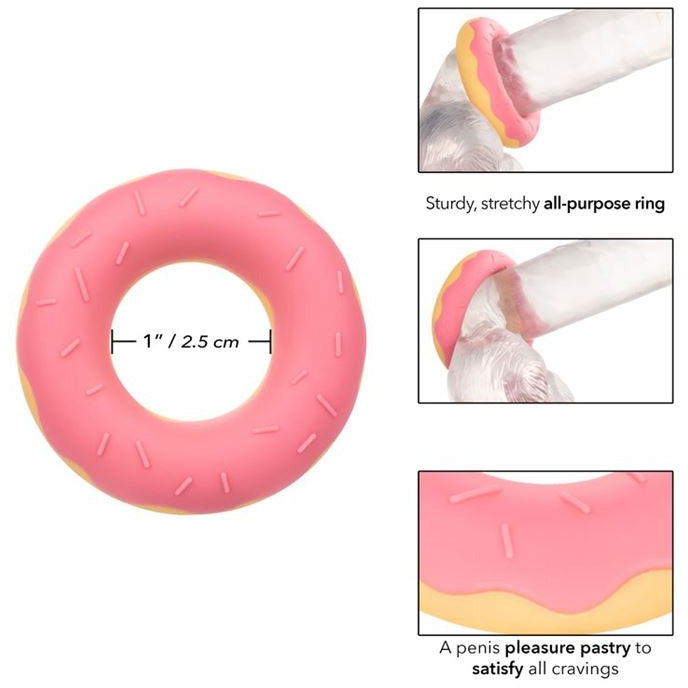 pink donut shaped cock ring with measurements and information