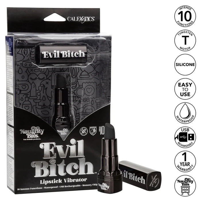 a black lipstick vibrator with a slanted black tip and a black cover with the words evil bitch written on it, shown next to its black and clear packaging and key features