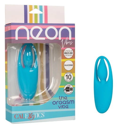 a blue oval shaped vibrator shown next to its colorful box