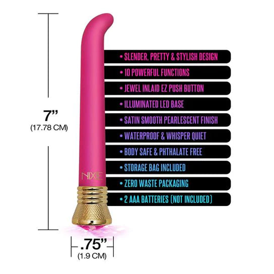pink g spot vibrator with a gold cap and a jewel on the base shown next to a list of its key features