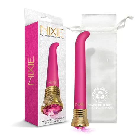pink slim g spot vibrator with a gold cap and a jewel on the base, shown with a white bag and the display box