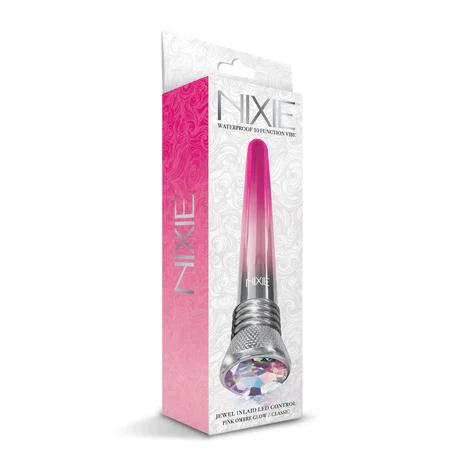 a white and pink display box depicting a sleek pink and silver ombre vibrator that has a silver cap and a jewel on the base