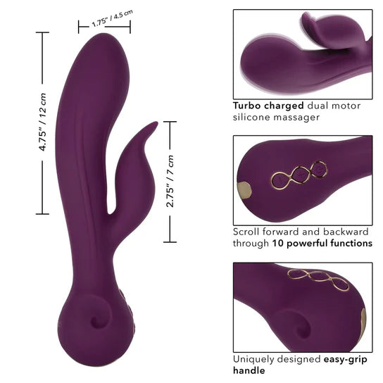 purple curved tip vibrator with clit stim size & function chart