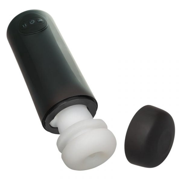 Image shows the white masturbator with the hard black shell and twistable cap 