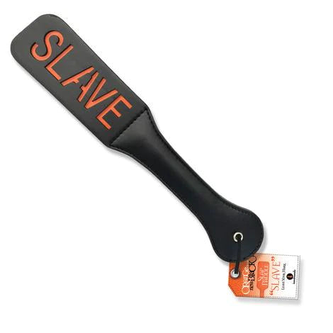 a black paddle with the orange word slave on the end