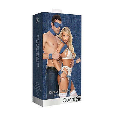 a blue display box depicting a white lingerie clad woman and a man wearing jeans. They are wearing and using the bondage kit items that are highlighted in the next picture