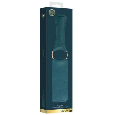 a teal box depicting a teal paddle that is joined in the middle by a gold circle