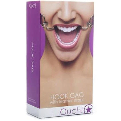 a purple box depicting a woman wearing two mouth hooks connected by purple straps