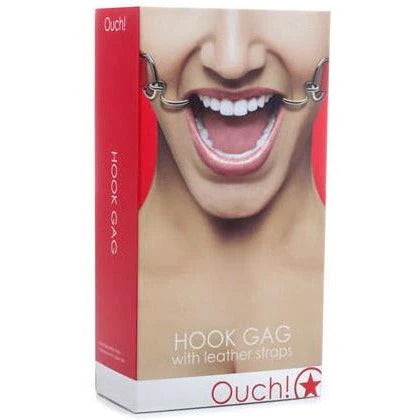 a red box depicting a woman wearing two mouth hooks connected by red straps