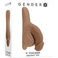 a white display box depicting a beige flaccid penis shaped dildo with balls and a large base