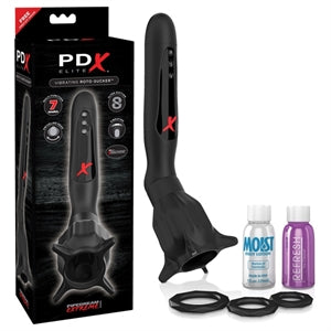 Red and black packaging with the back masturbator beside it. The male masturbator has a long black handle with a red x on it and three grey buttons on it. There is a dome shape hole for the tip of the penis and the masturbator is standing next to the lube, toy cleaner, and three black cock rings.