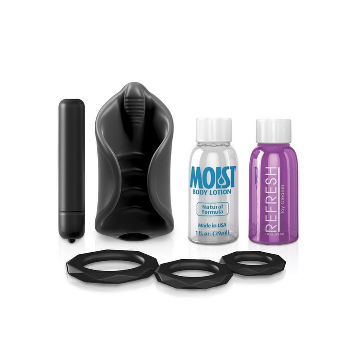 Image shows a black vibrating bullet, the black masturbator, lube, toy cleaner and three black cockrings 