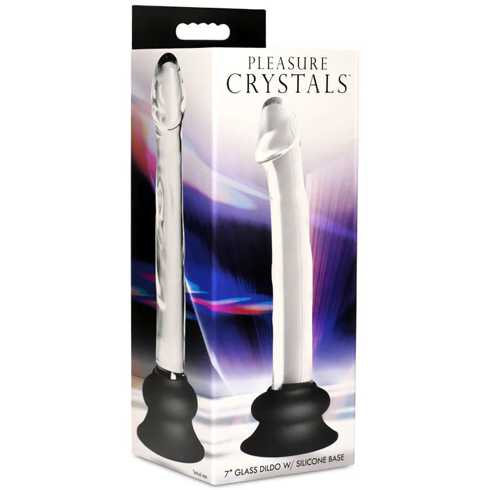 clear dildo with penis head and silicone base bottom on box