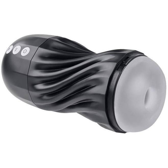 Image shows the clear masturbator with a hard black shell and three silver buttons on the front 