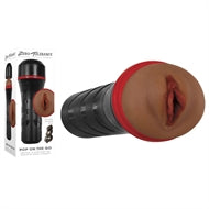 White packaging next to the brown male masturbator. The masturbator has a vaginal opening, a hard black shell and a black twistable cap