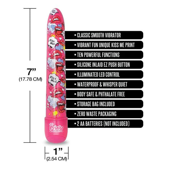 a pink vibrator with a multi colored cartoon pattern along the shaft shown next to its dimensions 7in by 1in and a list of its key features