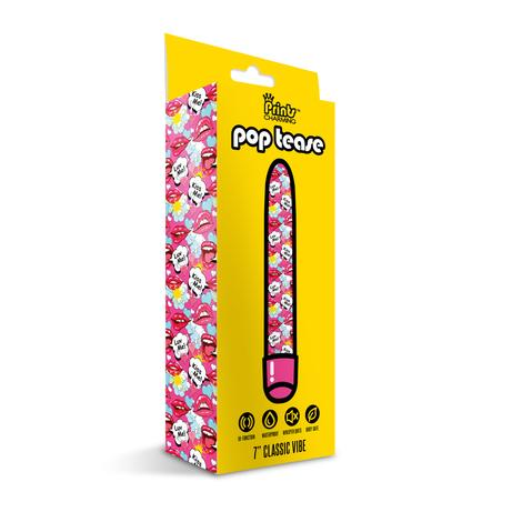 a pink vibrator with a multi colored cartoon pattern along the shaft, shown next to its white storage bag and yellow display box