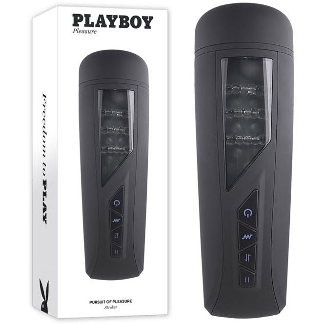 White playboy packaging with the masturbator beside it. The masturbator has a hard black shell with a see though window and four buttons  on the front 