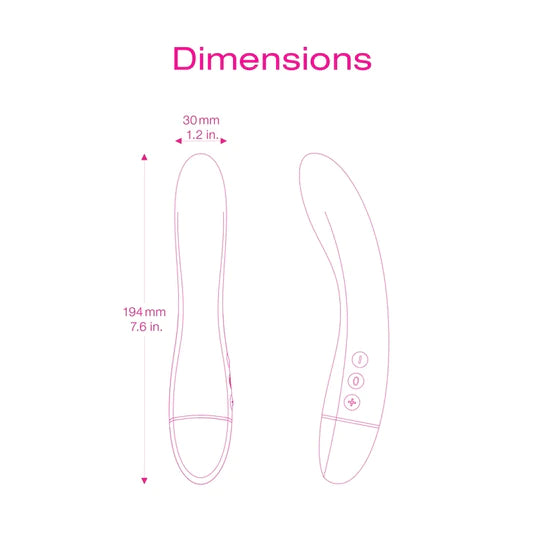 a line drawing of a slightly curved vibrator with a size measurement of 1.2" and 7.6"