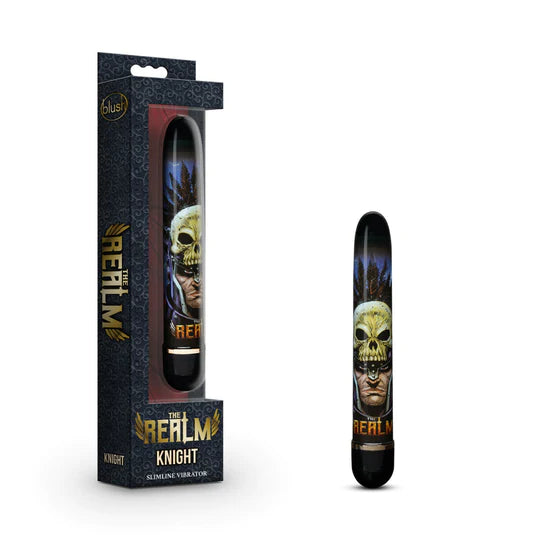 a black smooth vibrator with a picture of a mans face wearing a skull helmet on the shaft shown next to its black display box