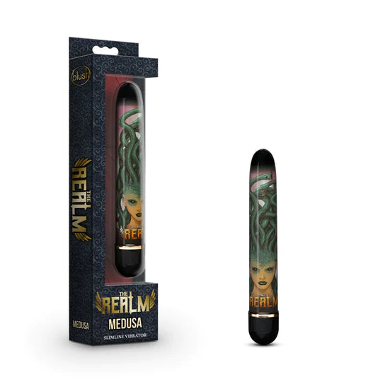 a black smooth vibrator with a picture of a woman face with snake hair on the shaft shown next to its display box