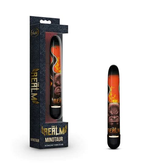 a black smooth vibrator with a picture on the shaft of a brutish face with long black horns and a background of fire shown next to its display box