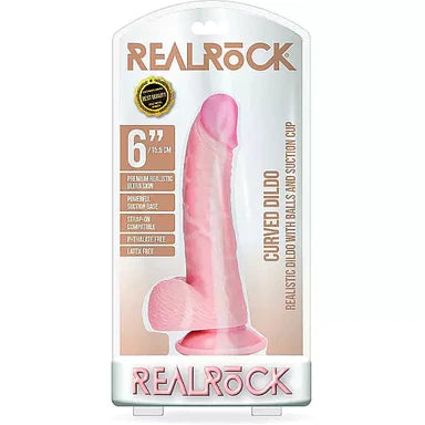 a curved beige detailed penis shaped dildo with balls and a suction cup. Shown in its plastic packaging.