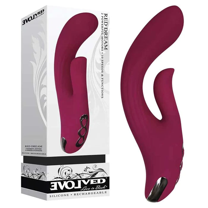 red vibrator with curved g spot head and clit stim