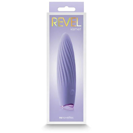 a purple box depicting a purple vibrator with a pointed tip and twisted ridges along the shaft