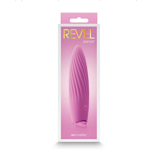 a pink box depicting a pink vibrator with a pointed tip and twisted ridges along the shaft