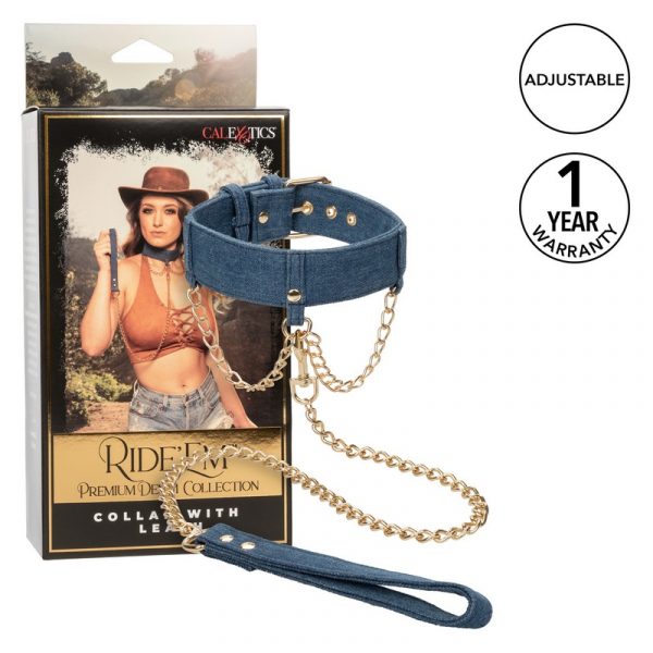 blue denim collar with gold chain leash next to box