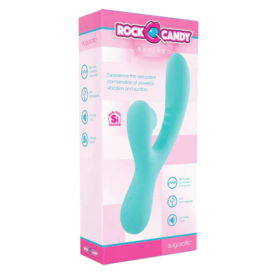 blue vibrator with curved tip and clit sucker