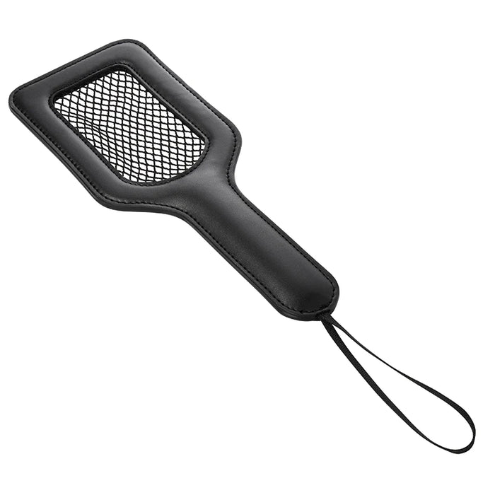 a black padded paddle with a fishnet middle surface and a black wrist strap