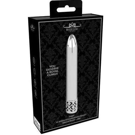 a shiny silver vibrator with an ornate cap shown in its black display box