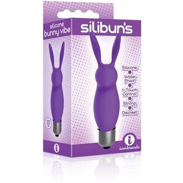 a purple box depicting a short purple clitoral vibrator with bunny ears and a silver base
