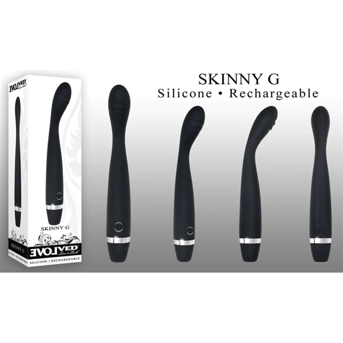 4 rotated views of a black slim g spot vibrator with a ridged tip shown next to its angled white display box