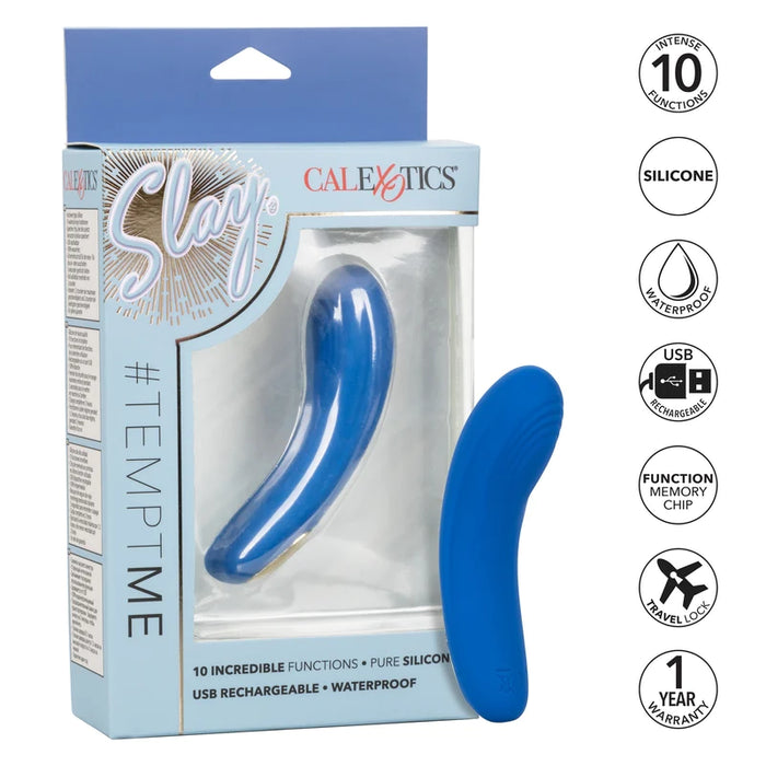 a blue slightly curved vibrator with a textured tip shown with its blue packaging and a list of its key features
