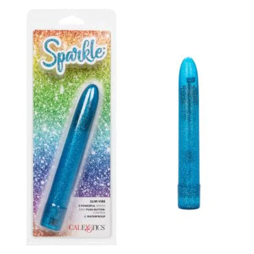 a transparent glittery blue sleek vibrator shown next to its plastic packaging