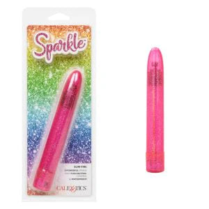 a transparent glittery pink sleek vibrator shown next to its plastic packaging