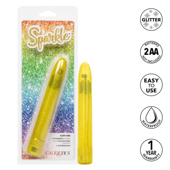 a transparent glittery yellow sleek vibrator shown next to its plastic packaging and key features