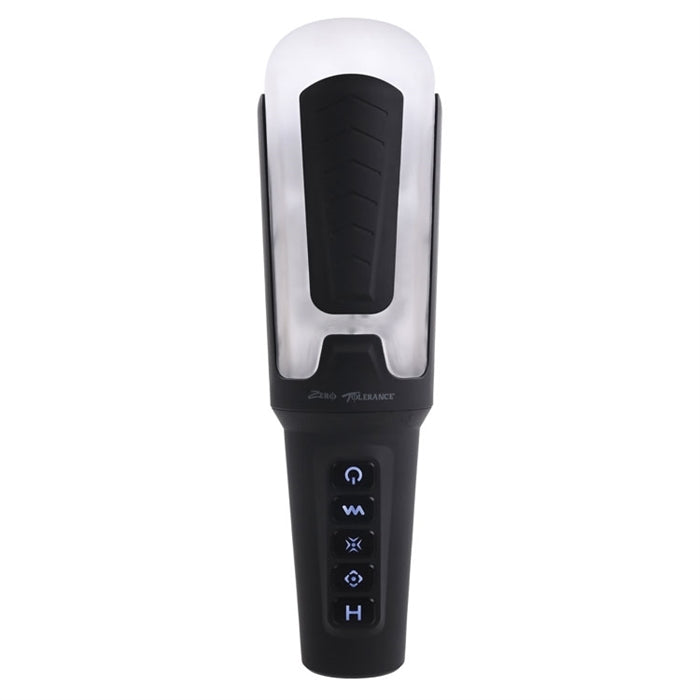 Clear and black masturbator with a black base that has 5 lit up buttons on it