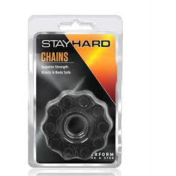 black chain shaped cock ring next to stayhard package