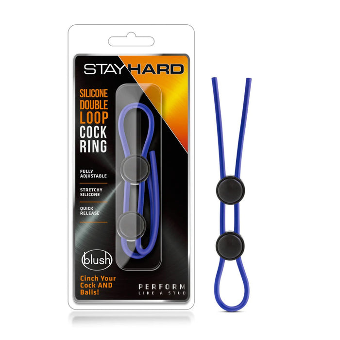 blue silicone double loop lasso cockring next to stay hard package