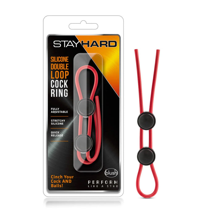 red silicone double loop lasso cock ring next to stay hard package